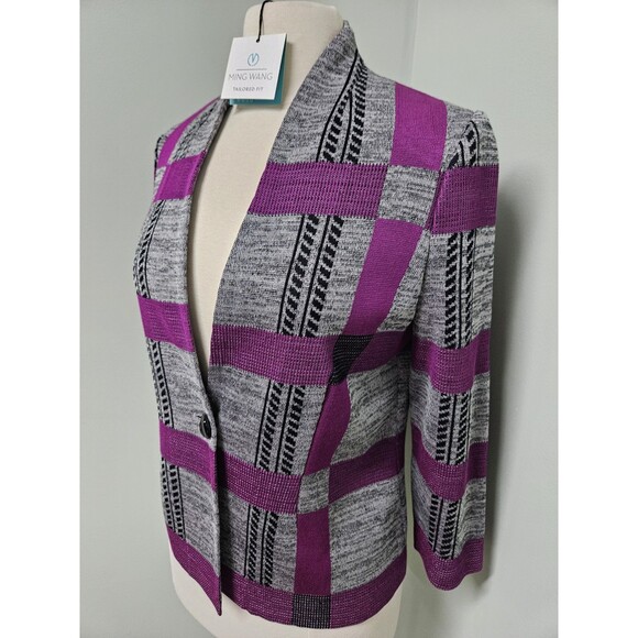 Ming Wang Blazer Plaid Stretch Acrylic Polyester Cardigan Sz Small NWT - Picture 4 of 7